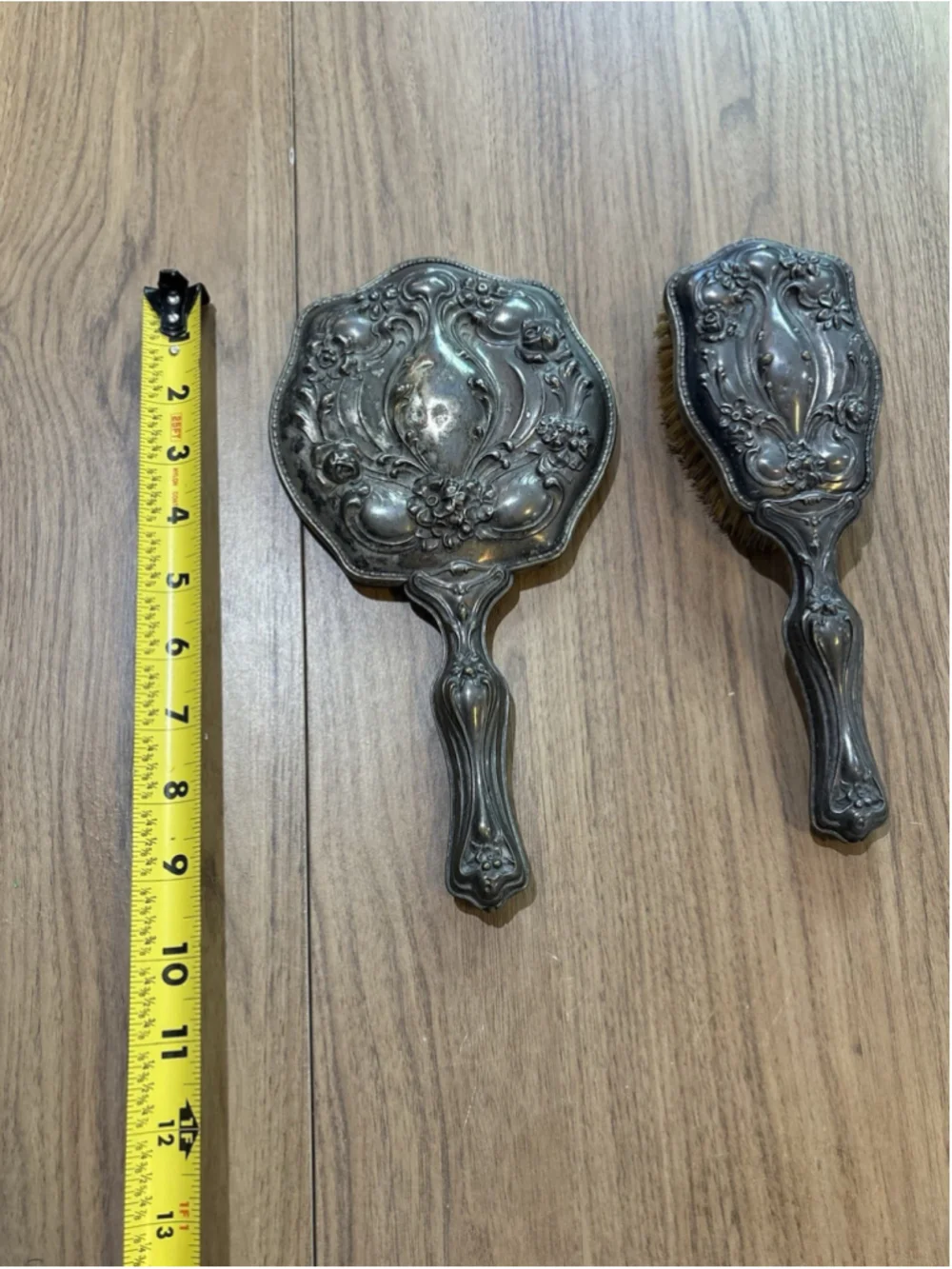 VTG Art Nouveau Silver plate Cherub Angel Hand Held Vanity Mirror & Brush BS